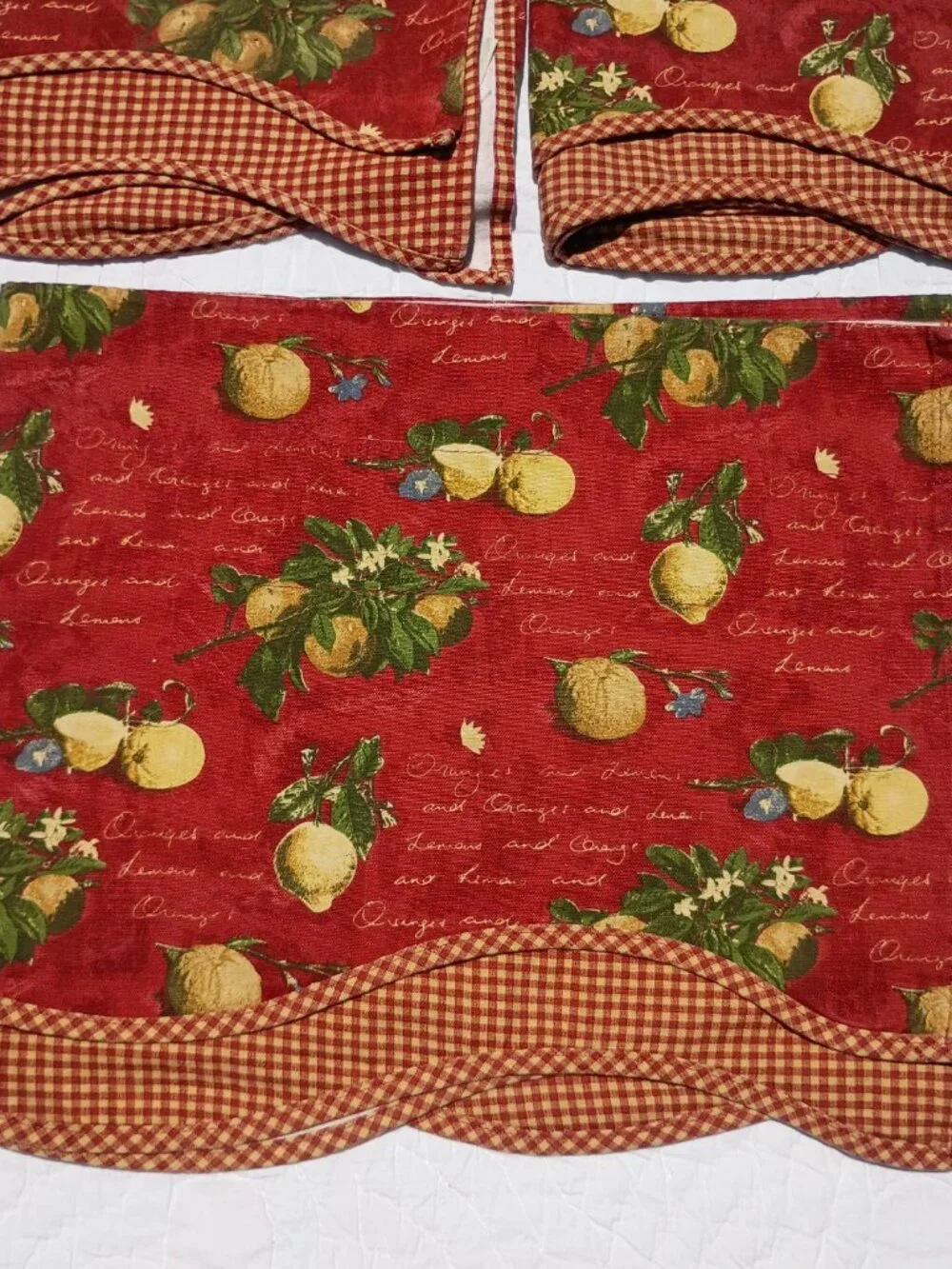 Set of 3 Vintage Waverly La Frutta Curtain Valances Lemons and Oranges Dark Red